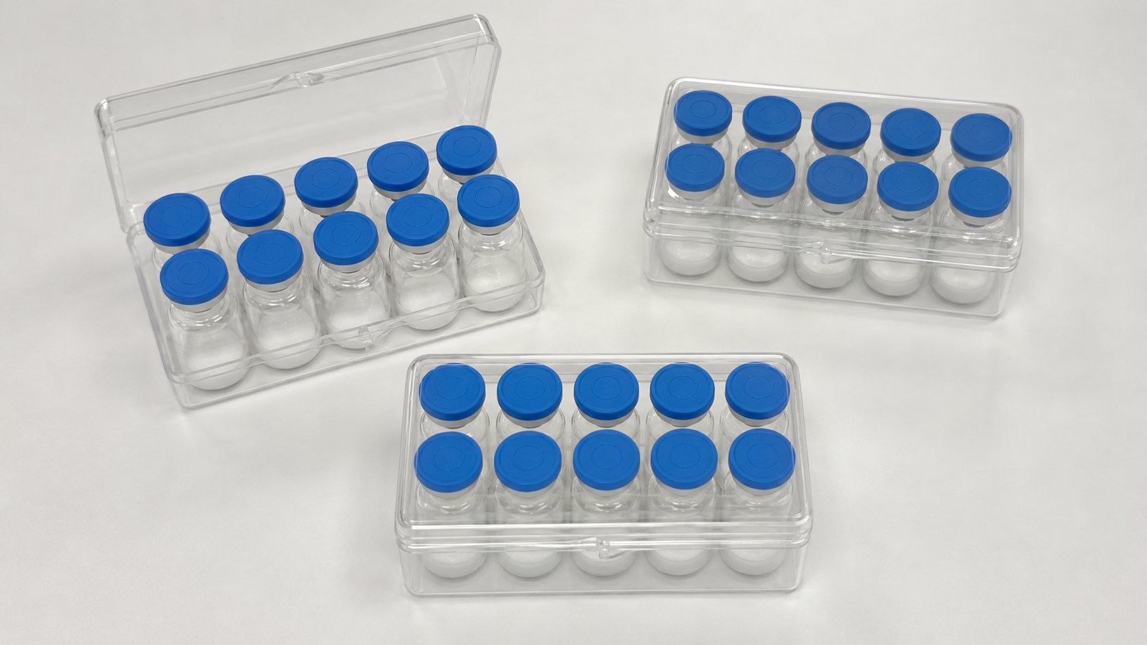 Three clear ten-vial peptide packaging boxes