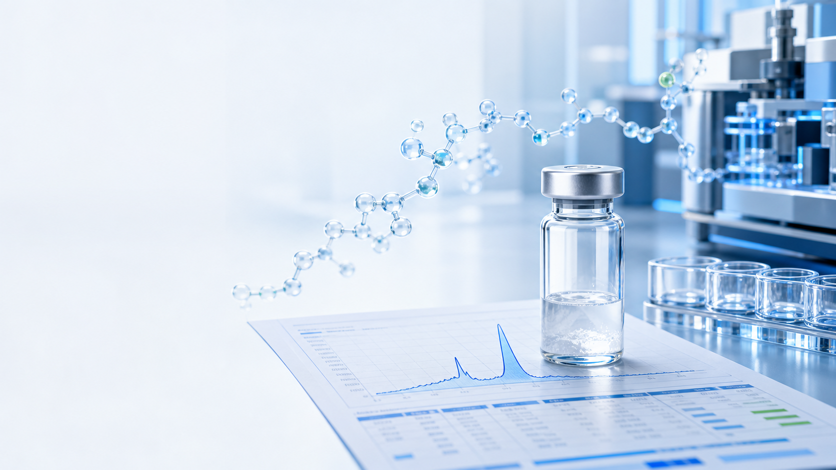 Peptide vial with chromatogram report and analytical laboratory equipment